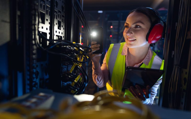 Caucasian female engineer using smartphone flash while inspecting the server in computer server room. database server management and maintenance concept Caucasian female engineer using smartphone flash while inspecting the server in computer server room. database server management and maintenance concept